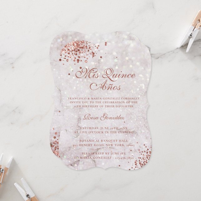Marmorsparkle Rose Gold Glitzer Quinceañera Einladung (Vorderseite/Rückseite Beispiel)