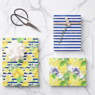 Marmorstreifen und Damasken mit gelben Zitronenmus Geschenkpapier Set