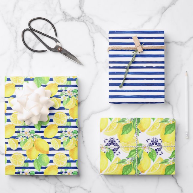 Marmorstreifen und Damasken mit gelben Zitronenmus Geschenkpapier Set (Vorderseite)
