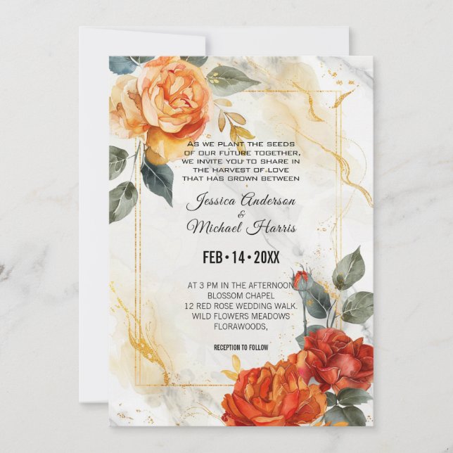 Marmorträume: Orange Rose Elegance Einladung (Vorderseite)