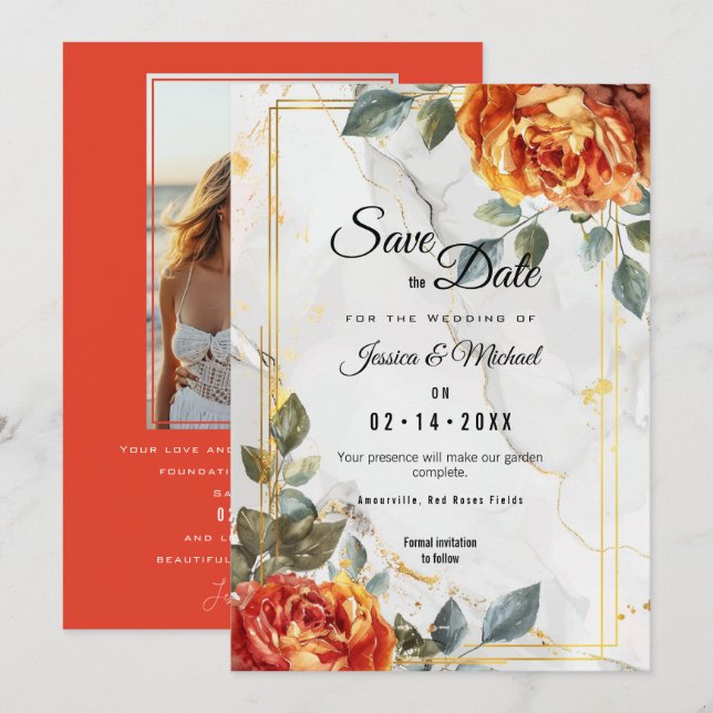 Marmorträume: Orange Rose Elegante Collection Save The Date (Vorne/Hinten)