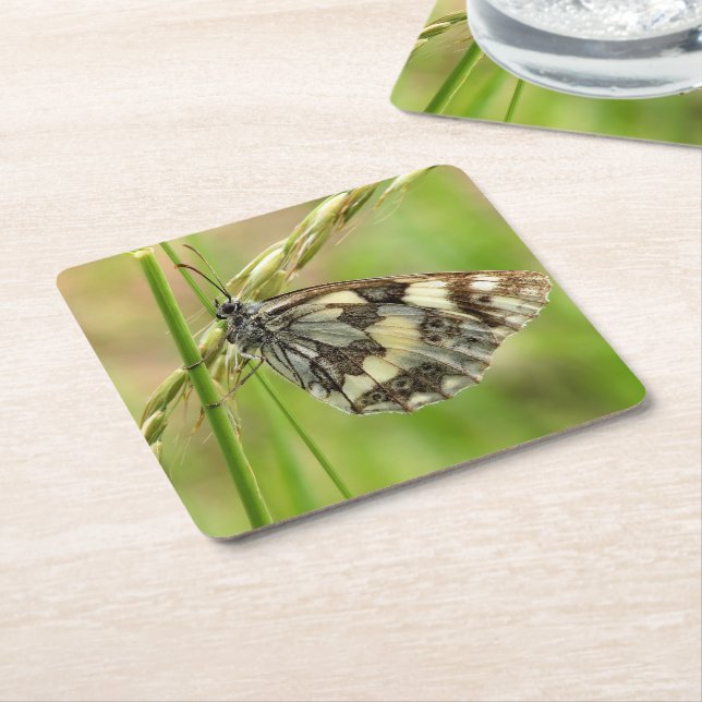 Marmorweißer Schmetterling auf Gras Rechteckiger Pappuntersetzer (angewinkelt)