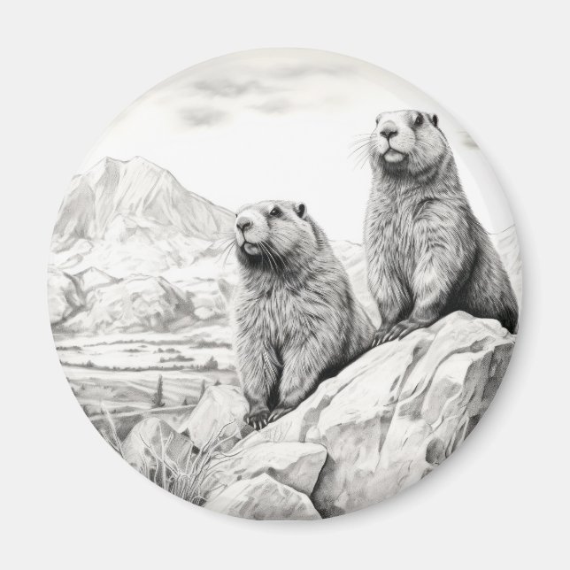 Marmot Animal Discovery Wild Nature Ink Sketch Kun Magnet (Vorne)