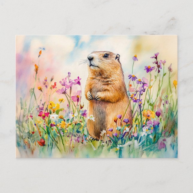 Marmot auf einer Wiese in der Blume Aquarell Postkarte (Vorderseite)