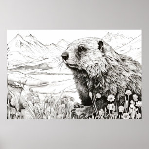 Marmot Friedlich Nature Prairie Sketch Zeichnend K Poster