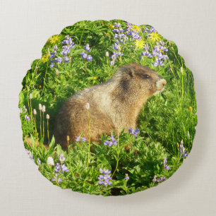 Marmot in den Wildblumen des Berges Rainier Rundes Kissen
