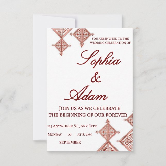 Marokkanische Berber-Muster-Hochzeitseinladung RSVP Karte (Vorderseite)