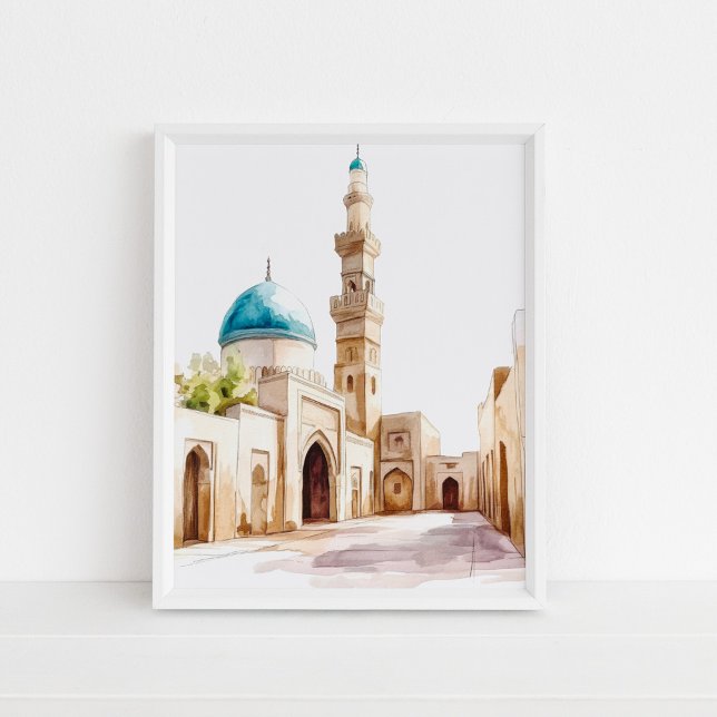 Marokkanische Blaue Kuppel und Minaretta Wasserfar Poster (Moroccan Blue Dome and Minaret Watercolor Wall Art in a white frame on the floor.)