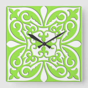 Marokkanische Fliese - Limones Grünes und Weiß Quadratische Wanduhr