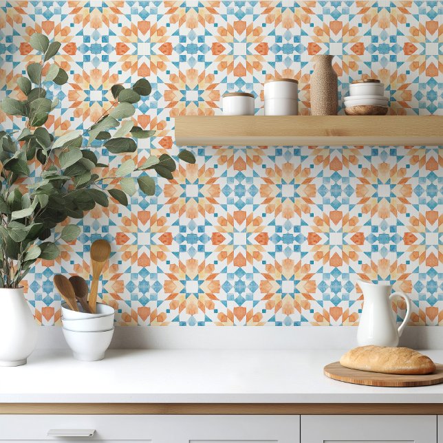 marokkanische Fliesen in blau-orangefarbenem Wasse (Von Creator hochgeladen)