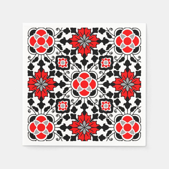 marokkanische Fliesen, tiefrot, schwarz und weiß Serviette (Vorderseite)