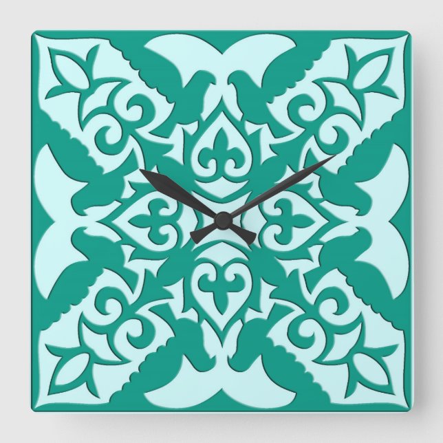 marokkanische Fliesen - türkis und aquatisch Quadratische Wanduhr (Vorderseite)