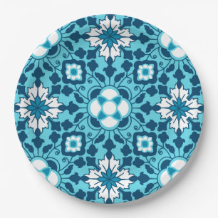 Marokkanische Flora, Indigo, Sky Blue und White Pappteller