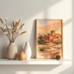 Marokkanische Kasbah-Wasserfarbe in der Wüste Poster