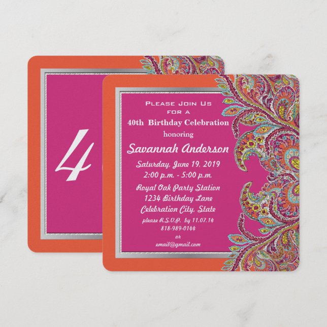 Marokkanische Mandarine & Fuchsia 40. Geburtstag P Einladung (Vorne/Hinten)
