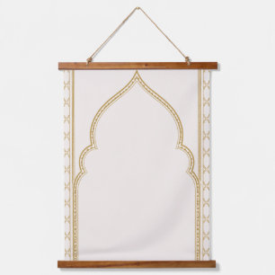 Marokkanischer Bogen-Wandteppich, neutrales Beige Wandteppich Mit Holzrahmen
