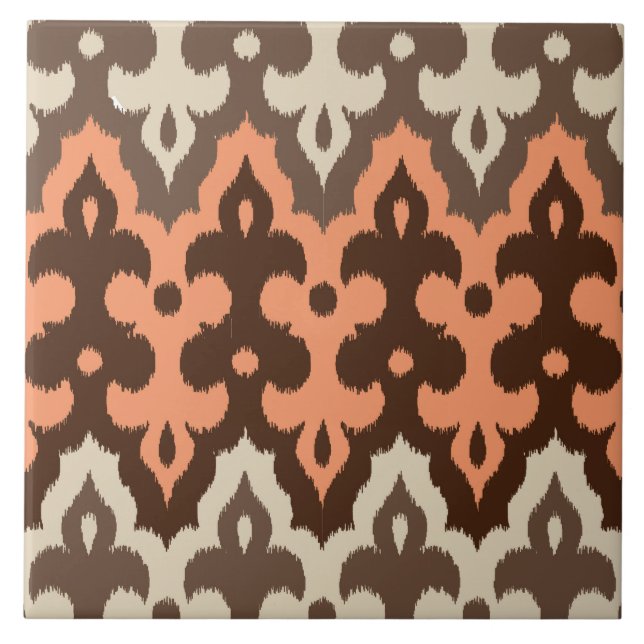Marokkanischer Ikat Damask, Brown, Taupe & Coral Fliese (Vorderseite)