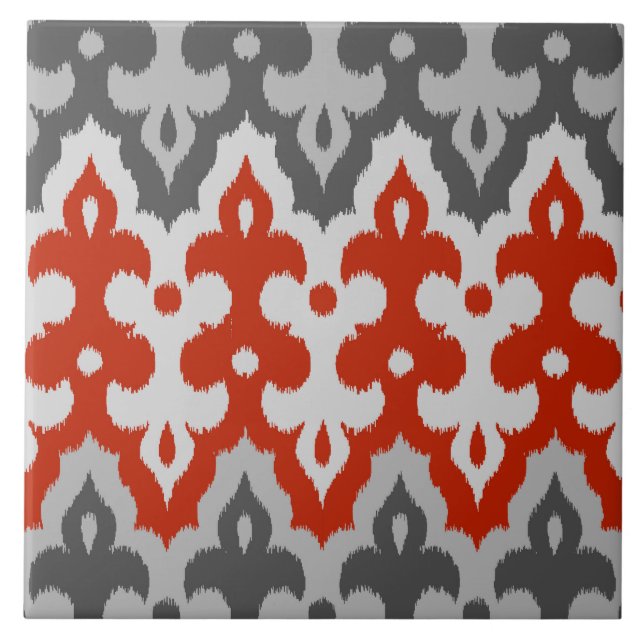 marokkanischer Ikat Damask, Grau und Rot Fliese (Vorderseite)