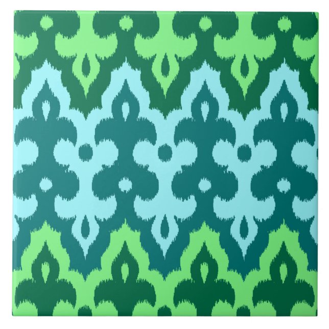 marokkanischer Ikat Damask, Türkis & Jade Green Fliese (Vorderseite)