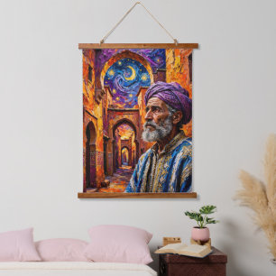Marokkanischer Mann Sternennacht Impasto-Ölgemälde Wandteppich Mit Holzrahmen