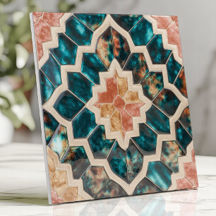 Marokkanischer Zellige Deep Aquamarin und Korallen Fliese
