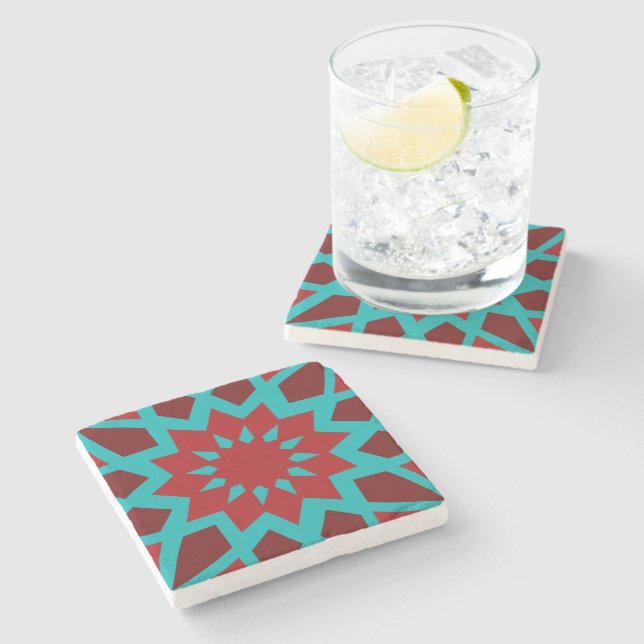 marokkanisches Aquamarin-rotes Muster Steinuntersetzer (Seitenansicht)