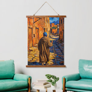 Marokkanisches Dorf Sternennacht Impasto-Ölgemälde Wandteppich Mit Holzrahmen