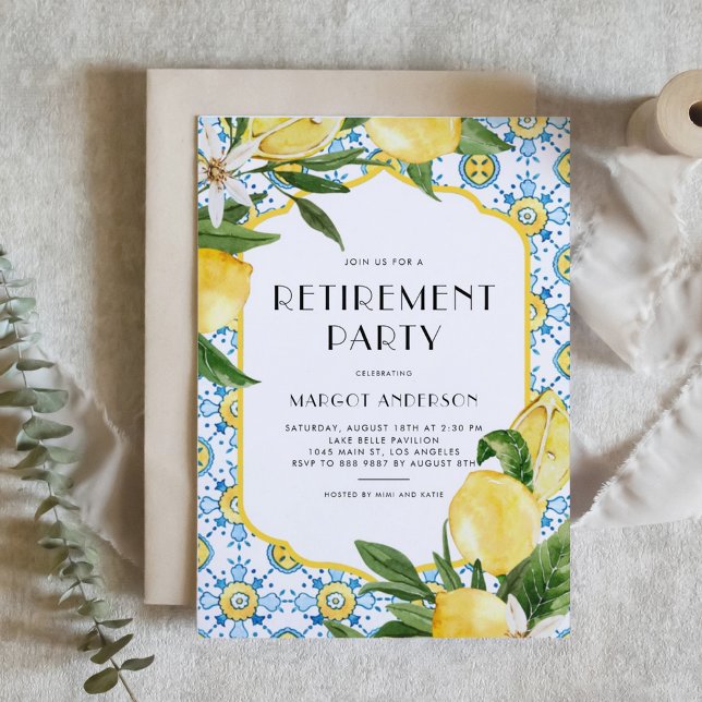 marokkanisches Fliesenmuster und Lemon-Renten-Part Einladung (Customizable Retirement Party Invitation featuring Watercolor Moroccan Tile and Lemon Design)