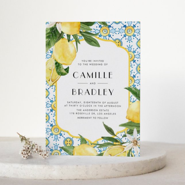 marokkanisches Fliesenmuster und Lemons QR Code Ho Einladung (Watercolor Moroccan Tile and Lemon Design Mediterranean QR Code Wedding Invitation)