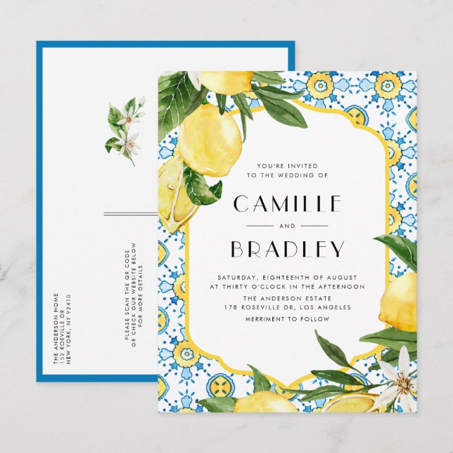 marokkanisches Fliesenmuster und Lemons QR Code Ho Einladungspostkarte (Vorne/Hinten)