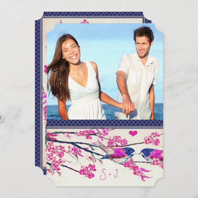 Marokkanisches Foto Rosa Navy Love Bird Kirry Blos Einladung (Vorne/Hinten)