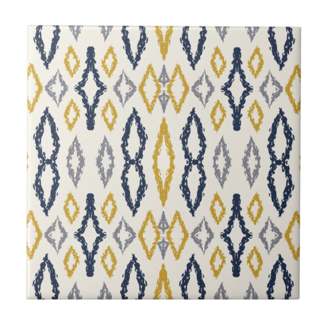 Marokkanisches Ikat Blau-Gelb-Weiß-Muster Fliese (Vorderseite)