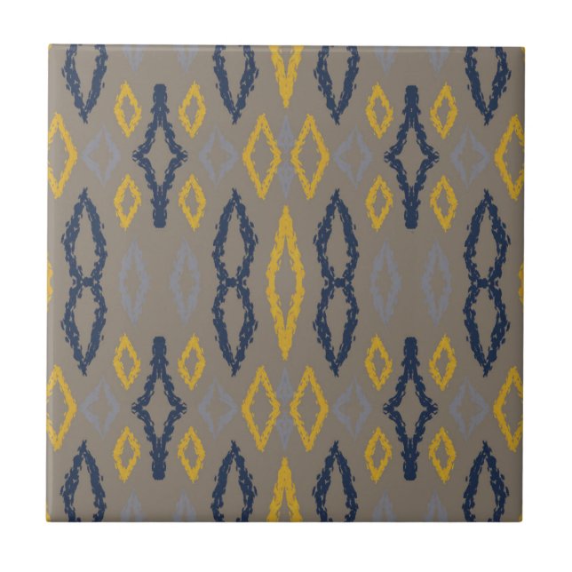 Marokkanisches Ikat Blue Yellow Gray Muster Fliese (Vorderseite)