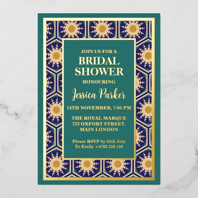 Marokkanisches Kunstwerk Green Golden Classy Braut Folieneinladung (Vorderseite)