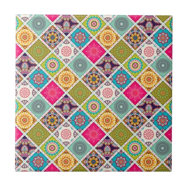 Marokkanisches Mandala mit bunten ethnischen Muste Fliese (Vorderseite)