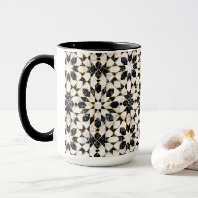 Marokkanisches Mosaik aus schwarzem und weißem Mar Tasse (Mit Donut)