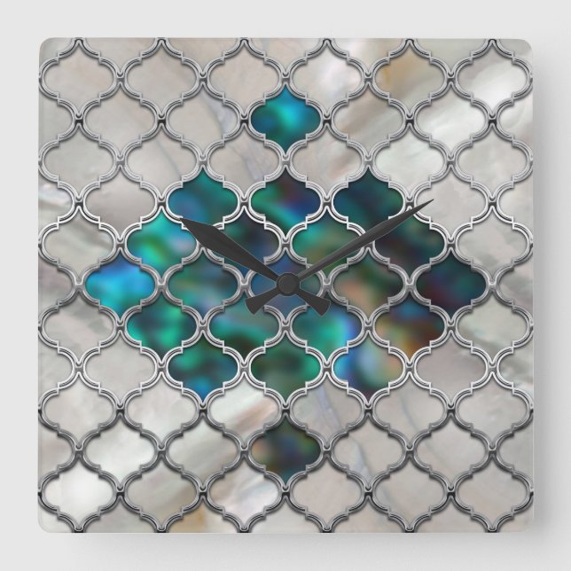 marokkanisches Muster auf Perle und Muschel Quadratische Wanduhr (Vorderseite)