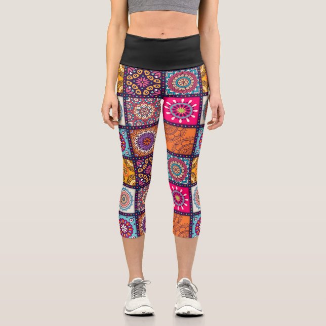 Marokkanisches Muster bunt funky art Capri Leggings (Vorderseite)
