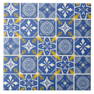 Marokkanisches Muster in Aquamarin Blau, Gelb, Cre Fliese