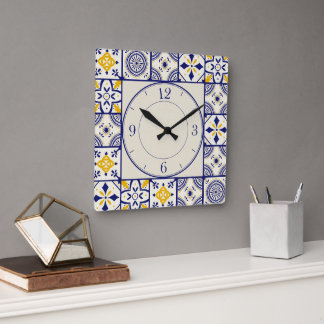 Marokkanisches Muster in Blau, Gelb, Creme Quadratische Wanduhr