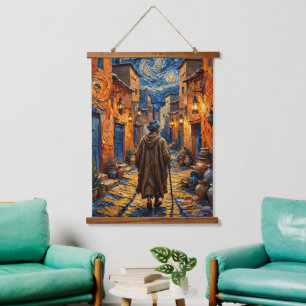 Marokkanisches Sternennacht-Impasto-Ölgemälde Wandteppich Mit Holzrahmen