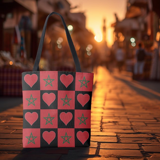 Marokko Flaggen Herz Muster Patriotisch Marokko (Morocco tote bag with Moroccan flag and heart pattern at a Marrakech marketplace.)