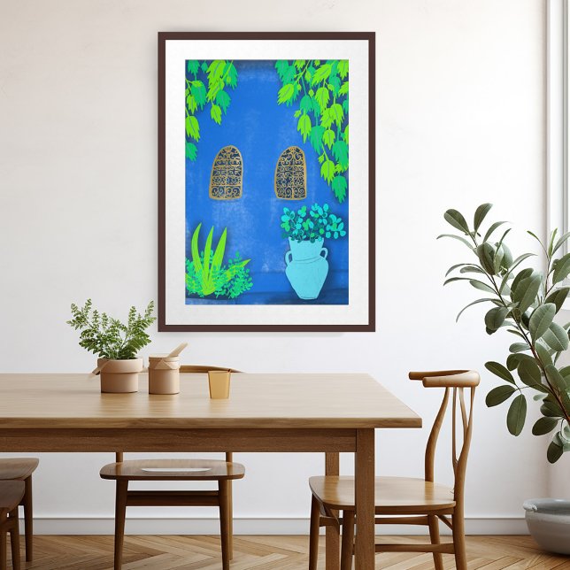 Marokko Garden Blue Walls Pflanze Art Poster (Morocco Garden Blue Walls Plants Art Poster Majorelle Jardin Watercolor)
