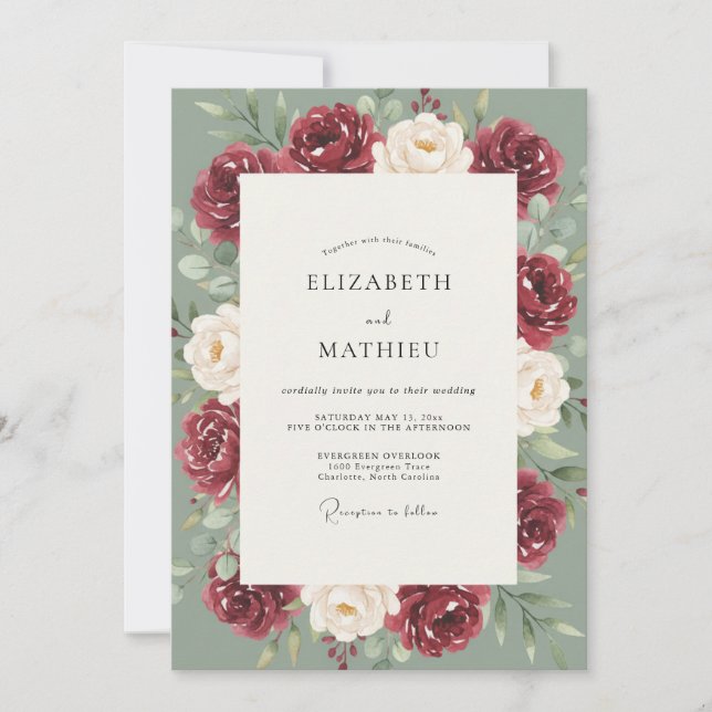 Marone Celadon Gemalte Hochzeit Einladung (Vorderseite)