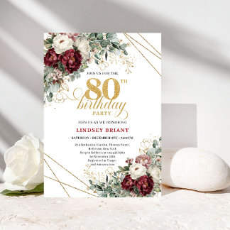 Marone Florale Grün Gold 80. Geburtstag Einladung