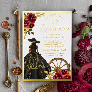 Marone Florale Schwarze Charro Quinceanera Gold Kl Folieneinladung