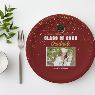 Marone Gold Absolventenfoto Chic Abschlussfeier Pappteller
