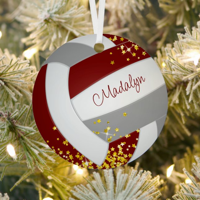 Maronenvolleyball mit winzigen goldenen Sternen Ornament Aus Metall (InSitu)
