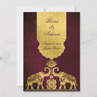 Maroon and gold elephants luxury Indian wedding Einladung