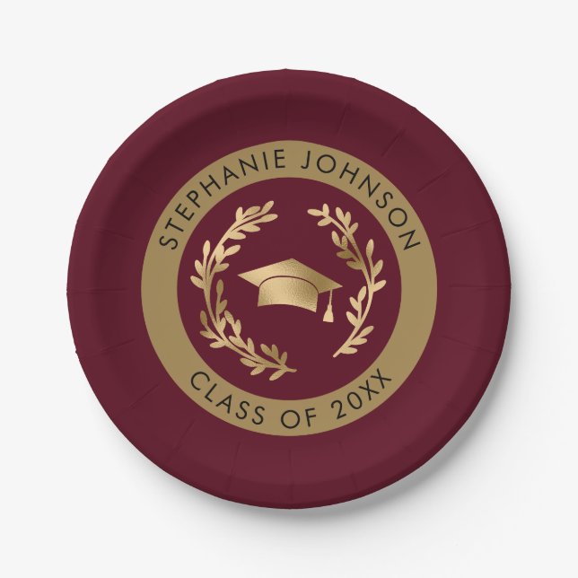 Maroon and Gold Grad Cap Class of 20XX Party Pappteller (Vorderseite)